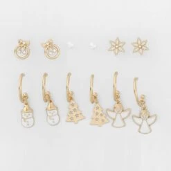 6 Pack Christmas Angel Earrings - White And Gold Tone
