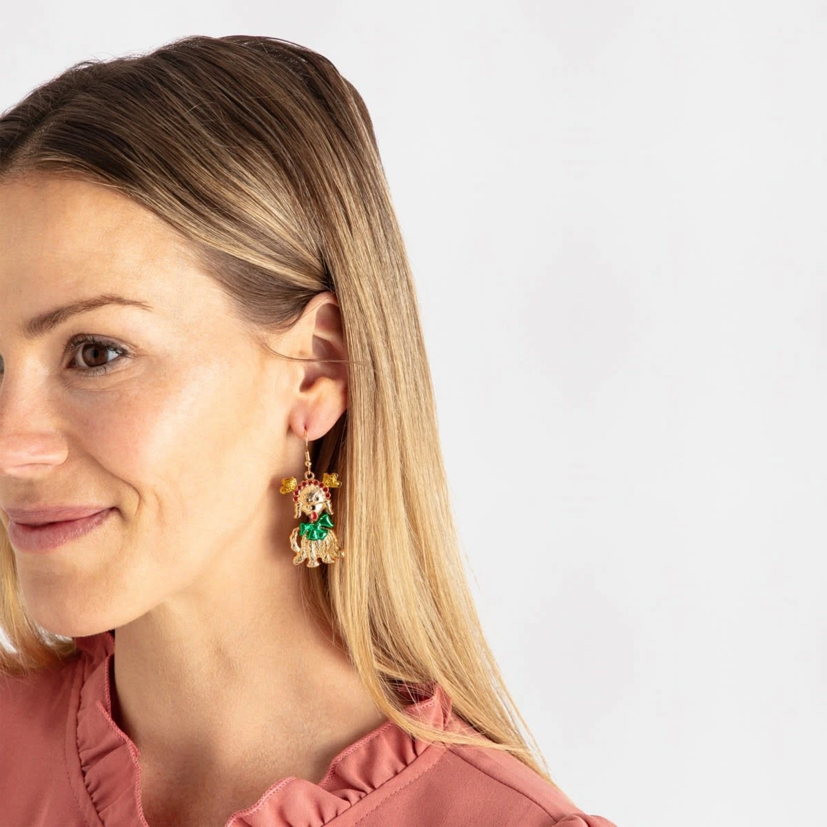 Christmas Dog Earrings - Gold Tone, Red And Green 2 Christmas Dog Earrings - Gold Tone, Red And Green - Image 2