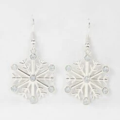 Christmas Snowflake Earrings - White And Silver Tone