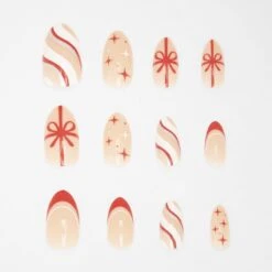 OXX Cosmetics 24 Pack All Is Bright False Nails With Adhesive - Almond Shape, Christmas Ribbons And Stripes -Christmas Gift Shop 4c124e45 91ef 48ed 9204 eb9632b54078