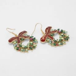 Christmas Wreath Drop Earrings - Green And Gold Tone