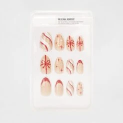 OXX Cosmetics 24 Pack All Is Bright False Nails With Adhesive - Almond Shape, Christmas Ribbons And Stripes