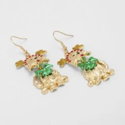 Christmas Dog Earrings - Gold Tone, Red And Green