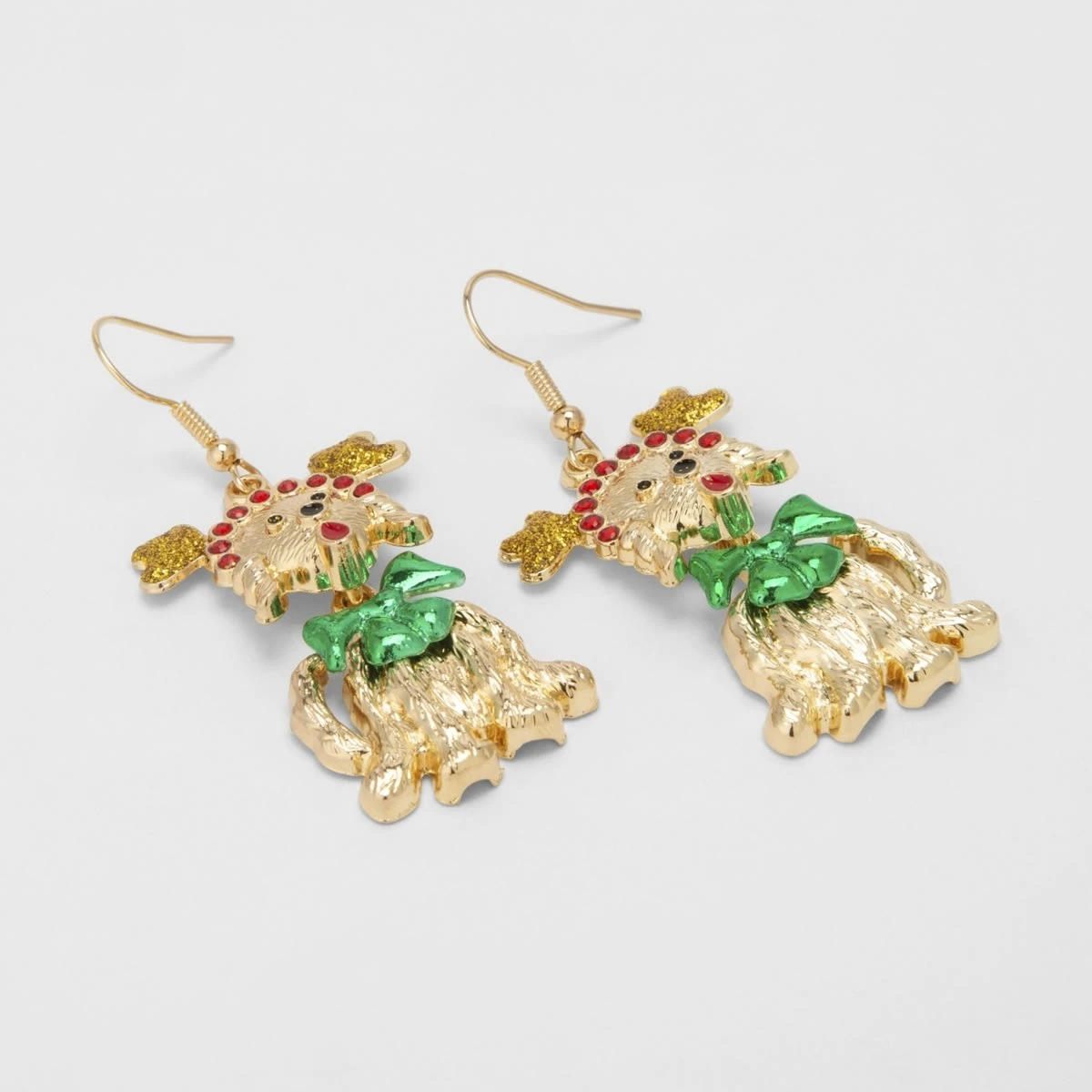 Christmas Dog Earrings - Gold Tone, Red And Green 1 Christmas Dog Earrings - Gold Tone, Red And Green