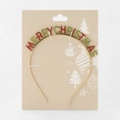 Merry Christmas Headband - Gold Tone, Green And Red