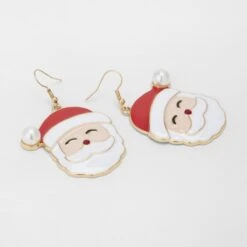 Christmas Santa Earrings - White, Red And Gold Tone