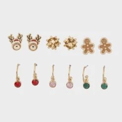 6 Pack Christmas Diamante Stud And Hoop Earrings - Gold Tone, Red, Pink And Green -Christmas Gift Shop 85b9fb8c e4e8 4483 b83d 20fb905dd951