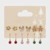 6 Pack Christmas Diamante Stud And Hoop Earrings - Gold Tone, Red, Pink And Green