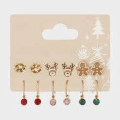 6 Pack Christmas Diamante Stud And Hoop Earrings - Gold Tone, Red, Pink And Green