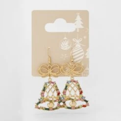 Christmas Gem Bell Earrings - Gold Tone