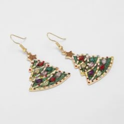 Christmas Gem Trees Earrings - Green And Gold Tone