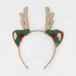 Christmas Reindeer Headband - Green, Red And Gold Tone