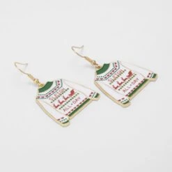 Christmas Sweater Earrings - Gold Tone, White, Red And Green